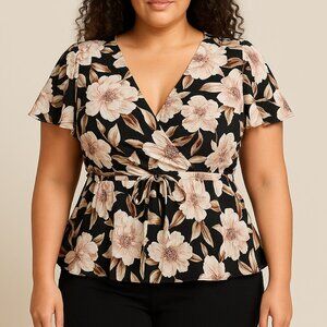 Express Floral Ruffle Peplum‎ Wrap Blouse with Tie Waist - L